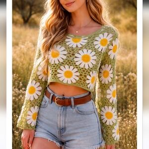 Rebellion Again Daisy Crochet Top Small Green Floral Cutout Knit Sweater Boho